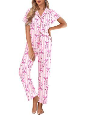 Women Stripe Bow Tie Notch Lapel Ruffle Sleeve Button Up with Long Pajamas Set